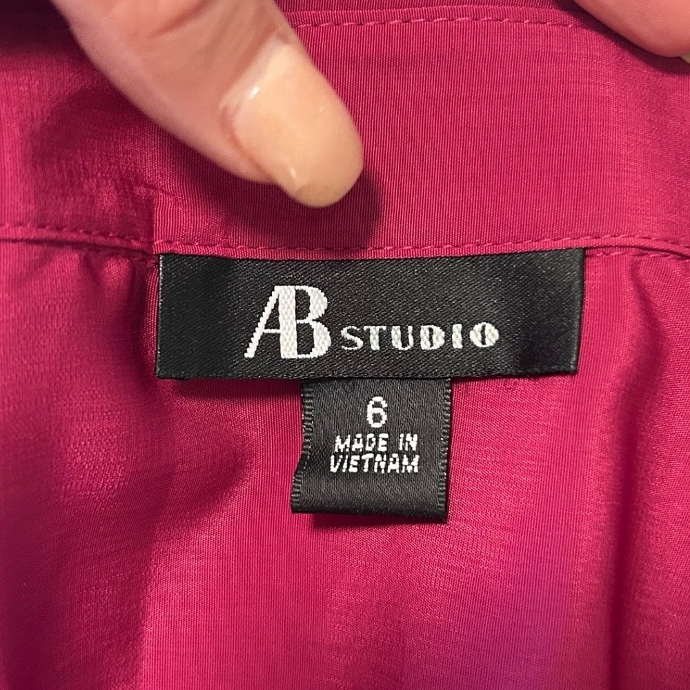 AB Studio Women Magenta Pink Button Front Roll Tab Sleeve Belted Dress 6 NEW - Picture 6 of 7